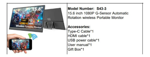 S43-3 15.6 Monitor Wireless 1080p G-sensor A Negro