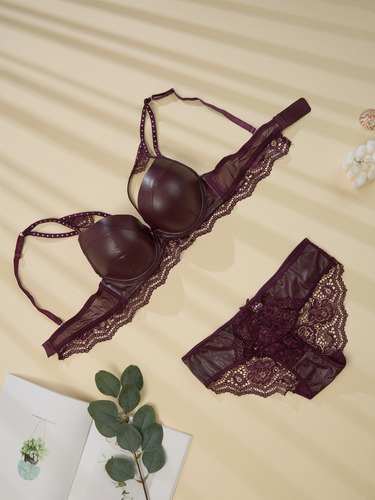 Sexy Cordinado Copa B Pushup Mujer Vinipiel Encaje Varilla Bordó Vinipiel/encaje 32b