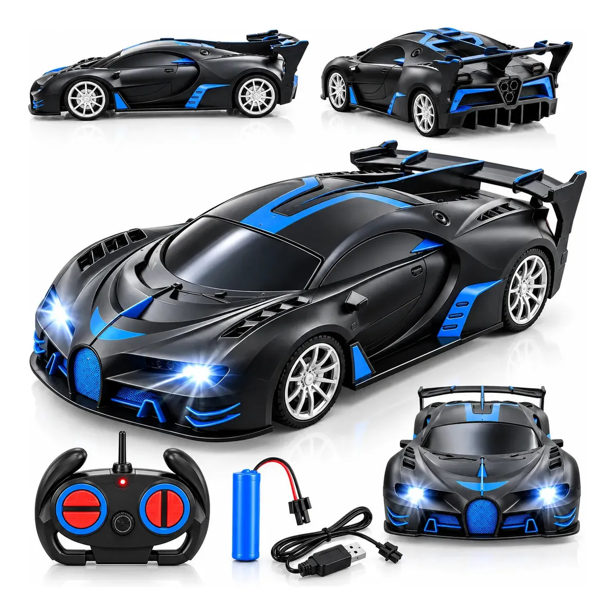 Carrinho De Controle Recarregável Com Luz Super Esportivo Cor Preto Personagem Corrida