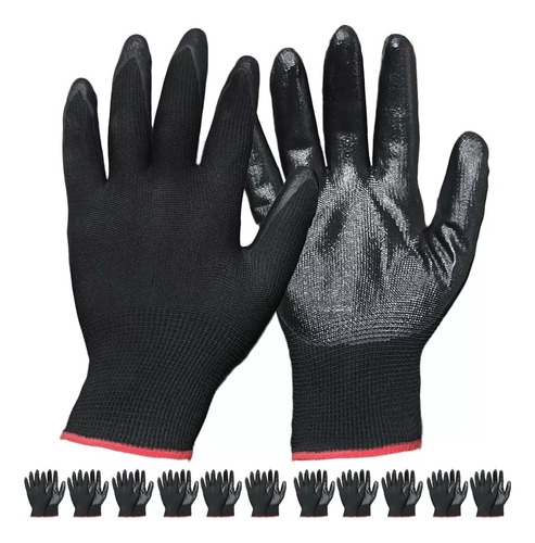 10 Pares Guante De Nylon Negro Con Antiderrapante Resistente