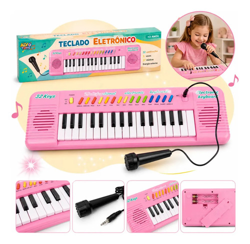Teclado Musical Infantil 32 Teclas Com Microfone Rosa Brinquedo Educativo Piano Som Realista Karaokê Presente Para Crianças Desenvolve Criatividade E Coordenação Motora Didático Interativo Alvo Toys