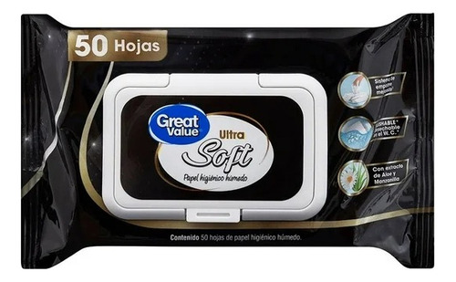 2 Pza Papel Higiénico Húmedo Great Value 50 Pzas