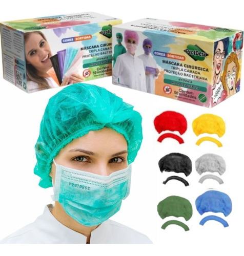 Kit 50 Toucas +50 Máscaras Cores Sortidas Protdesc Higiênico Cor coloridos