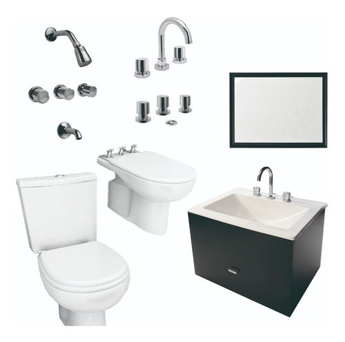 Combo De Baño Inodoro Griferia Vanitory 60cm Bidet Y Espejo