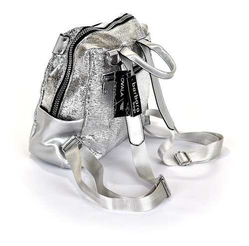 Mochila Mujer Simil Cuero Bolsillos Plateada Barbara Bags