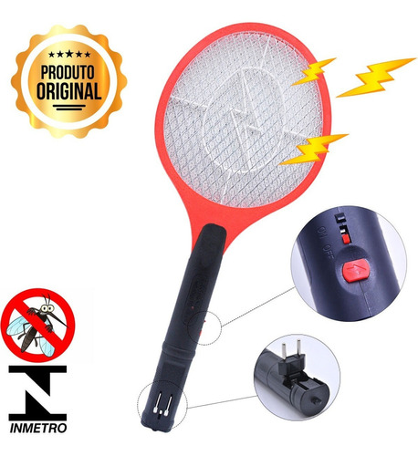 Raquete Mata Mosquito Pernilongo Inseto Recarregável Bivolt Cor Vermelho 110V/220V