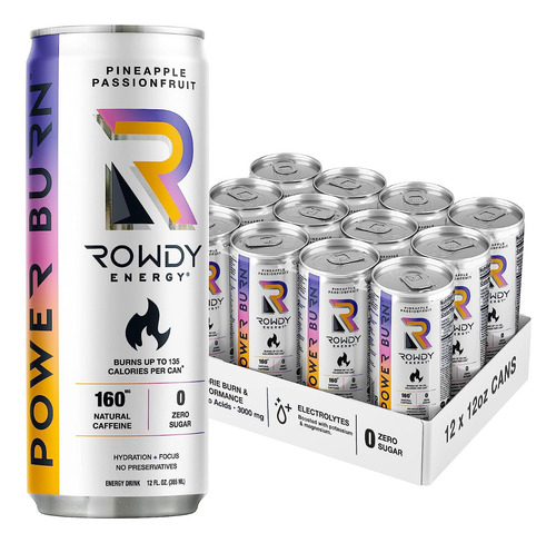 Rowdy Energy Drink Power Burn Piña Maracuyá Sin Azúcar 12pcs