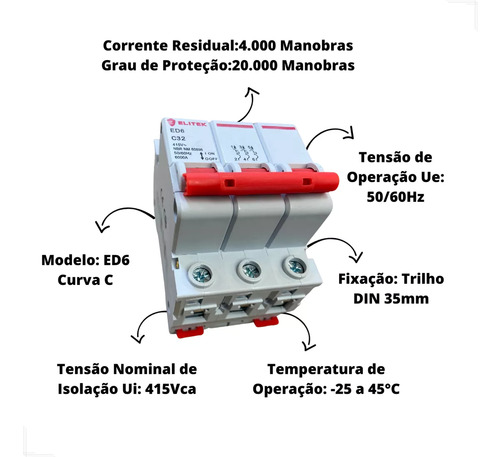 Disjuntor Tripolar Elitek 16 Até 70a Curva C - 6ka - 40a