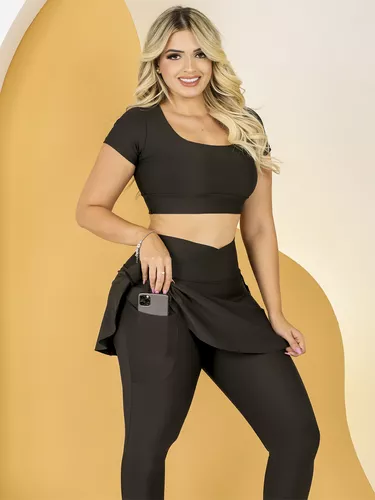 Calça Saia Legging Com Bolso Tapa Bumbum Moda Fitness Evangélica