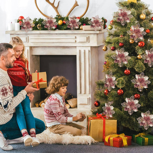 24 Flores Navideñas Para Árbol Navidad Ornamento Con Clips
