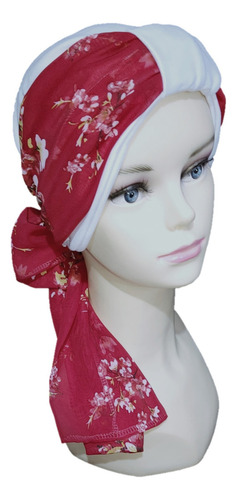 Turbantes Gorros Dama Mujer Oncológicos Quimio Tyamia Color Blanco Con Rojo