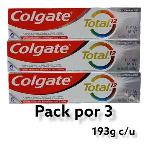 Pack X 3 Pasta Dental Colgate Total 12 Clean Mint 193g