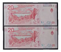 Comprar Argentina 2 Billetes $ 20 Guanaco Serie A Baja Numer. Unc