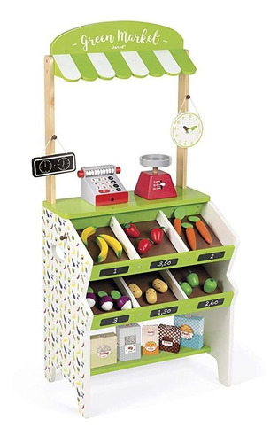 Janod Green Wooden Market Tienda De Comestibles Con 32 Acces