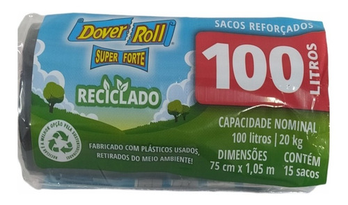 Saco de Lixo Reciclado Super Forte 100 Litros Dover Roll com 15 unidades