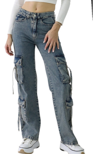 Jeans Wide Leg Oxido Cargo Varios Bolsillos Y Tiras Tendenci