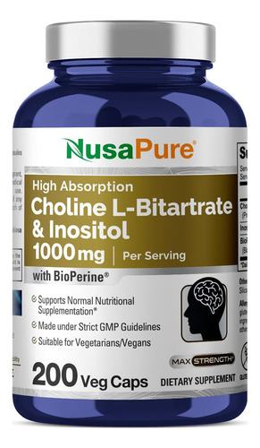 Nusapure Choline & Inositol 1000mg - 200 Veggie Caps (100% V