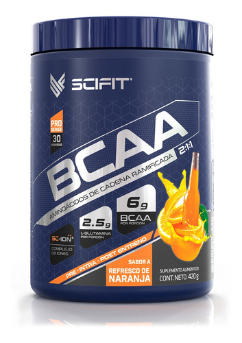 Aminoácidos Scifit BCAA + Glutamina 420g | Complexo Iônico de Refrigerante de Laranja