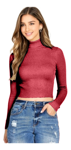 Sweater Crop Top Cuello Tortuga Tejido Canalé