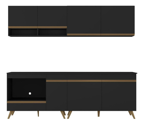 Cozinha Modulada Compacta 4 Peças Veneza Multimóveis Mp2264 Cor Preto/dourado