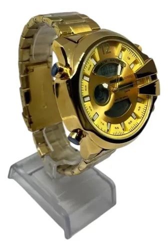 Relógio Grande Masculino Newrex Kt1183 Original Aço Dourado