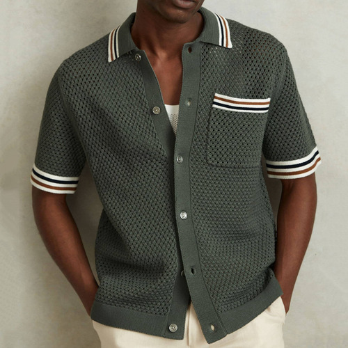 Camisa Casual De Punto Con Solapa Recortada Para Verano Sy02