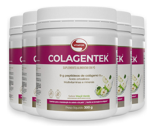 Kit 5 Colagentek Vitafor Colágeno Hidrolisado 300g Maçã Verde