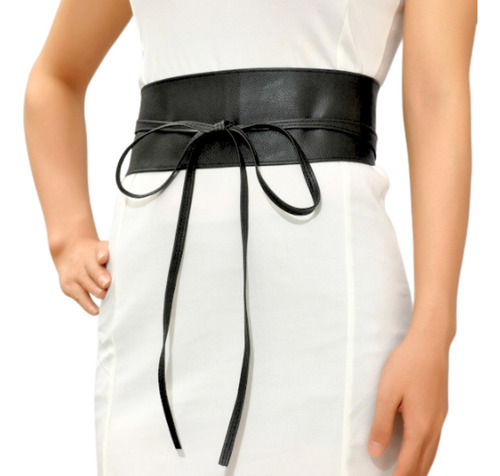 Cinturón Ancho Obi Wrap Con Lazo Ajustable Vegano Mujer Negro Único