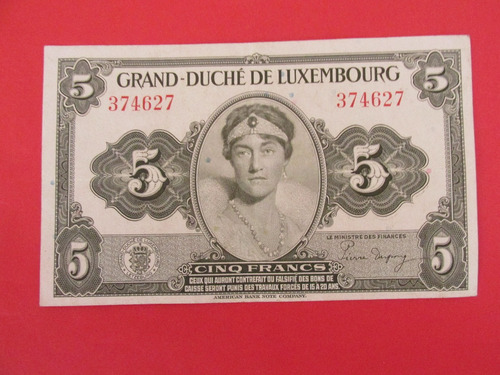 Gran Billete Luxemburgo 5 Francos Año 1944 2 Guerra Mundial 