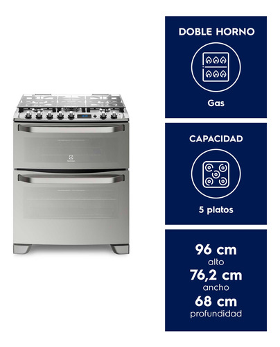 Cocina A Gas 5 Platos Doble Horno Timer Digital 76dxa Inox