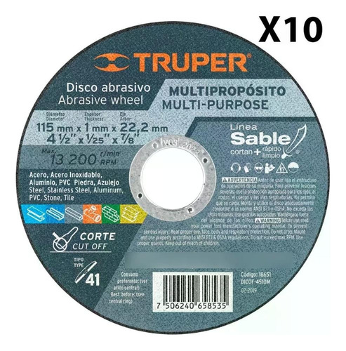 10 Discos Corte Mult Material 1mm X4-1/2 Truper -dicof-4510m