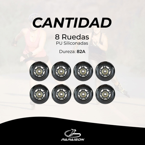 Ruedas Patines Goma Pu 64 Mm 8 Unidades Con Rulemanes Abec7 Color Negro