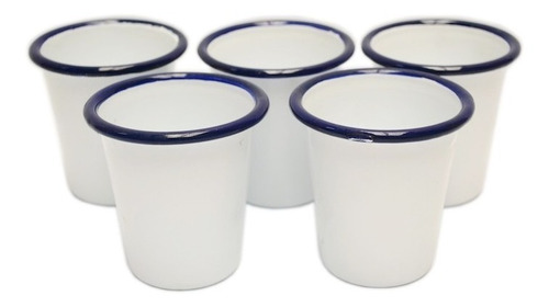 Caja De 6 Vasos Enlozados Blancos Borde Azul.