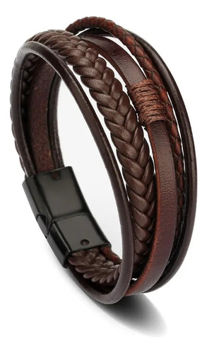 Pulsera Hombre Cuero Trenzado Marron 5 En 1 Cierre Iman 