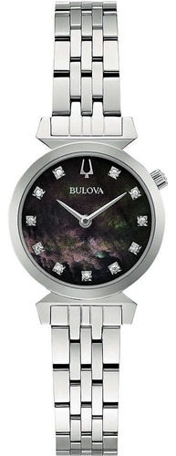 Reloj de regata Bulova 96p221 para mujer, correa con diamantes y zafiros, color plateado y bisel plateado, color de fondo negro