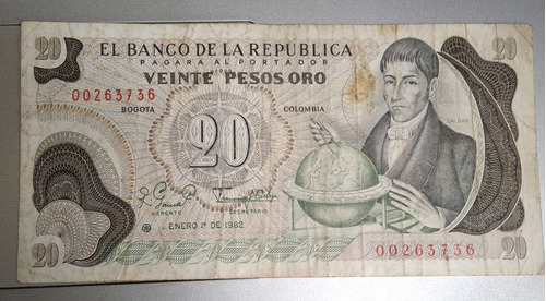 Billete Colombiano De Reposición 20 Pesos 1982