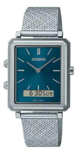 Reloj Casio Mtp-b205m-3e Anadigi Cuadrado Metal Unixes Color De La Malla Plateado Color Del Bisel Plateado Color Del Fondo Verde