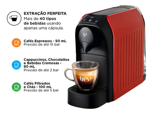 Cafeteira Espresso Passione Vermelha 127v - Tres 3 Corações Vermelho-brilhante