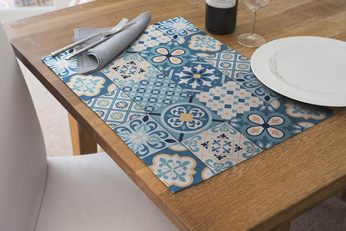 Kit Jogo Americano Para Mesa Posta Com 4un Azul-aço Azulejos