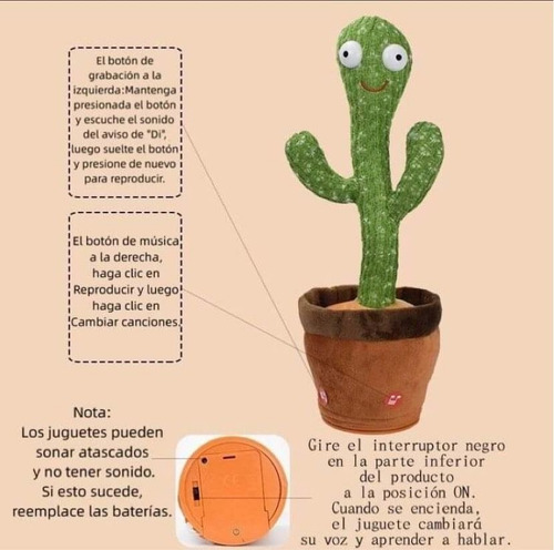 Imagen 2 de 8 de Jueguete Peluche Cactus Bailar Iluminoso Canta Repite Voz