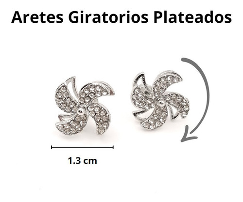 Aretes Mujer Giratorios Rehilete Con Cristales Plateado