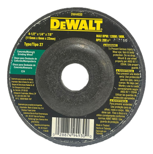 Disco Desbaste Concreto 4 1/2 X 1/4 X 7/8 Pulgadas  Dewalt