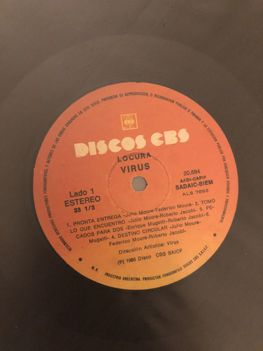 Virus Locura Disco Original 1985 Cbs Insert Estándar (Usado)