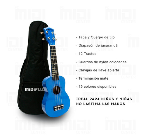 Imagen 7 de 10 de Ukelele Soprano Midiplus Madera Colores Varios + Funda