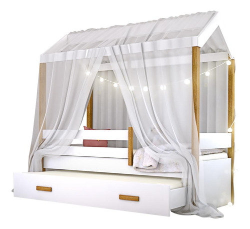 Cama Montessori Com Auxiliar Cordão Led E Dossel Branco Sem Estampa