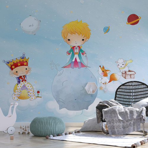 Papel De Parede Infantil Pequeno Príncipe Na Lua Fundo Azul Amarelo