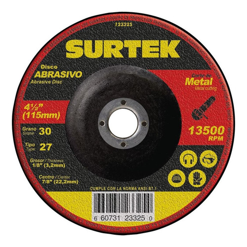 Disco T/27 Metal 4 1/2 X 1/8 Pulgadas 123325 Surtek Color Negro