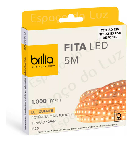Fita Led 9,6w/m 12v Ip20 5m 2700k Luz Quente Brilia 308435
