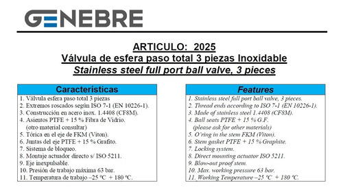 Imagen 2 de 5 de Válvula Esférica Tricuerpo Genebre Inox. Ø3/4 Art. 2025