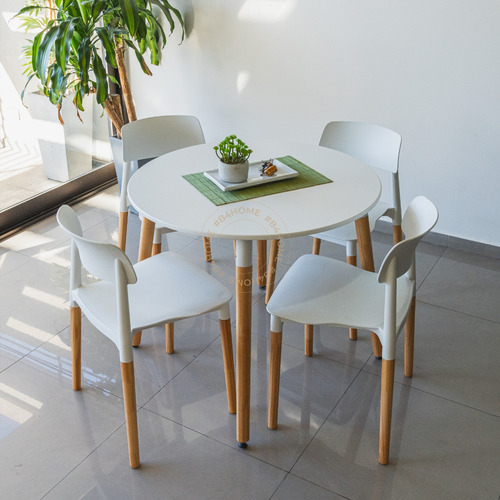 Mesa Eames 90cm Redonda Comedor Bar Madera Diseño Baires4 Tapa Blanco